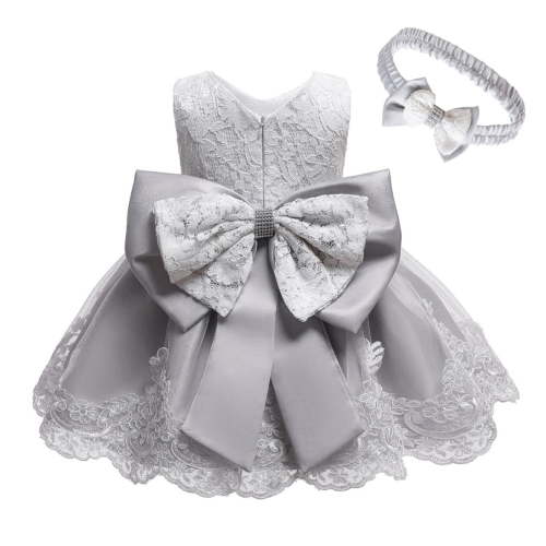 YODETEY Baby Girls Dress Baby Girls Lace Bowknot Princess Wedding formal Tutu Dress+Headband Set Clothes Gray 6-12 Months