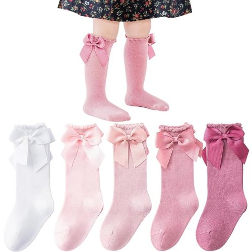 SIZE: 0-6 MONTHS Mini Angel Baby Knee High Socks - Toddler Long Cotton Tube Stockings With Bow Ruffles for Girls - Infant Dress Socks