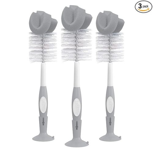 Dr. Brown's Reusable Sponge Baby Bottle Cleaning Brush Set with Suction Cup Stand, Scrubber and Nipple Cleaner, Gray, 3 Pack
