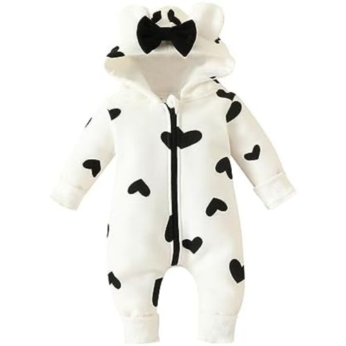 Newborn Baby Girl Hooded Jumpsuit Heart Cow Zip Up Long Sleeve Infant One Piece Romper Snowsuit Valentines Outfit