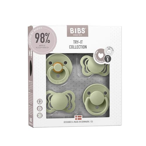BIBS Try-It Collection | 4-Pack Soothers | BPA-Free Round, Anatomical & Symmetrical Nipple | Natural Rubber Latex/Silicone | Made in Denmark | 0-6 Months | Sage