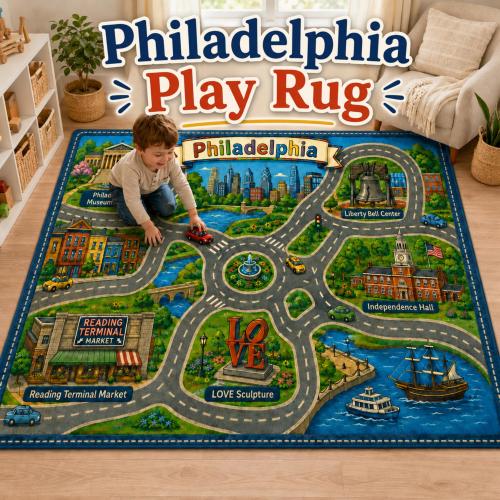 Philadelphia Map Road Rug  | Polyester Philly Nursery Carpet with Landmarks