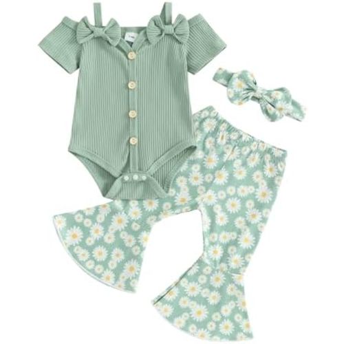 fhutpw Newborn Baby Girl Clothes Rib Frill Long Sleeve Romper Daisy Flared Pants Headband Set 3pcs Fall Winter Outfits