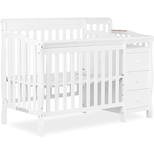 Dream On Me Jayden 4‑in‑1 Mini Convertible Baby Crib & Changer with Storage in White, Pinewood, GreenGuard Gold & JPMA, 1” Mattress Pad, 3 Mattress Heights, Converts to Mini Day & Twin-Size Bed