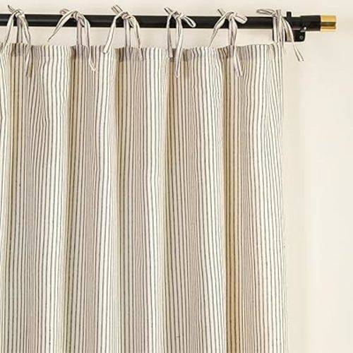 THE ART BOX Natural Linen Gauze Tie Top Sheer Semi Blackout Striped Curtains for Bedroom Filtering Hanging Substitute Windows Home Décor Curtain, Black on Beige, 2 Panel Sets, (63"x42" inch Each)