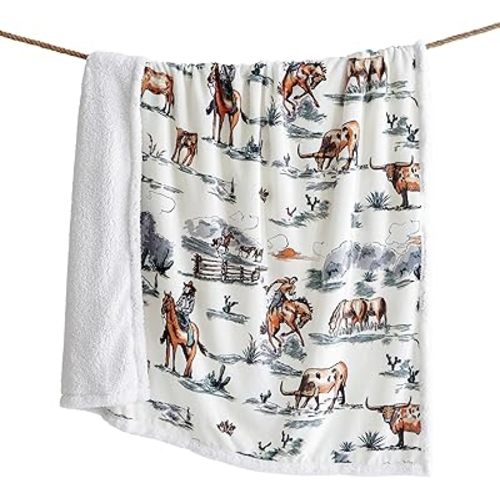 Indigo Hill by HiEnd Accents Ranch Life Sherpa Throw Blanket, Cowboy Cow Longhorn Horse Cowgirl Print Western Blanket for Camping Outdoor, Sherpa Fleece Blanket for Couch, Sofa, Bed, 54x68 inch