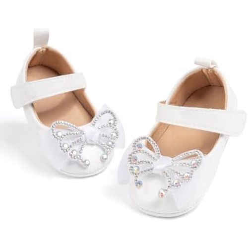Sawimlgy Baby Girls Mary Jane Sequins Crown Flats PU Leather Wedding Party Princess Ballet Shoe Infant Rubber Sole Prewalker Toddler First Crib Shoes
