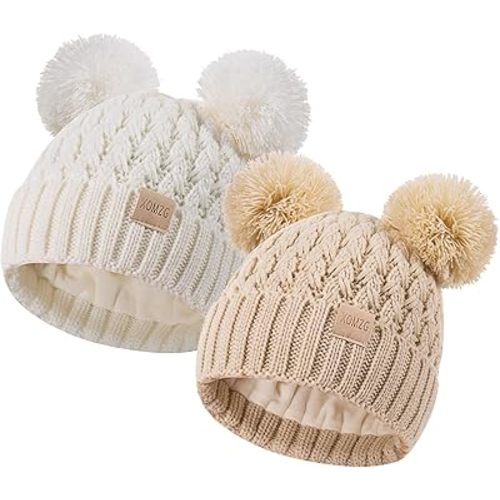 Toddler Winter Beanie Hat, Infant Winter Warm Knit Fleece Lined Cap for Girls Boys with Pom Pom for 0-36 Months 2 Packs