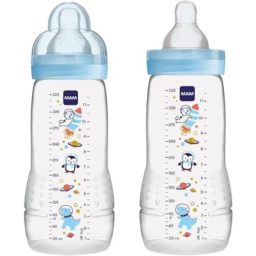 MAM Easy Active Baby Bottle 2 Pack, 11oz, BPA Free, Fast Flow Silicone Nipple, Anti-Slip Grip, Leak-Proof, 4+ Months, Blue Teal