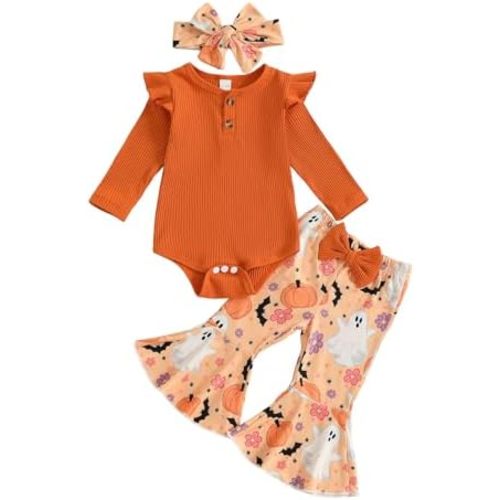 fhutpw Baby Girl Clothes Newborn 3 6 12 18 Months Fall Outfits Ruffle Knitted Long Seeve Romper Top & Flare Pants Sets