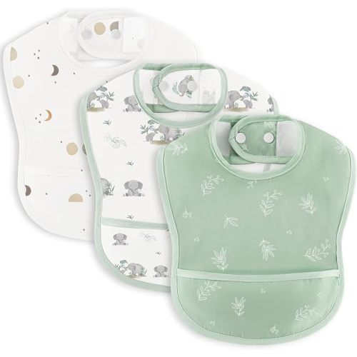 Baby Feeding Bibs Mess Proof Bibs Waterproof Adjustable Baby Bibs with Large Food Catcher for Unisex Baby Infant, 3 Pack