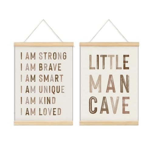 ULEGIE Boy Nursery Decor Posters Framed with Wood Hanger, Little Man Cave Sign for Boys Kids, Boys Room Decor, Toddler Room Decor, Art Prints for Nursery Playroom Bedroom, 2 Pack 12 x 16 Inches-Brown