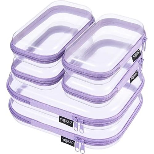 6 Pack Clear Hard Shell Zipper Case, Hard Plastic Organizer Pouches for Travel, Small Items, Makeup, Electronics & Art Supplies - Crush-Resistant & Waterproof Storage (Purple)