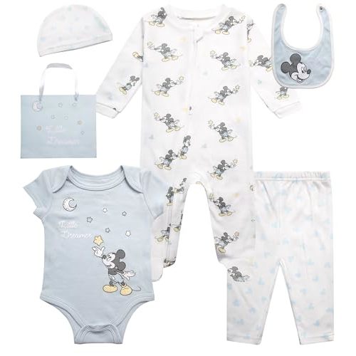 Disney Newborn Baby Girl Boy Clothes - 7 Piece Mickey Mouse Winnie the Pooh Bib Onesie Overall Beanie Pants Gift Bag Gift Set