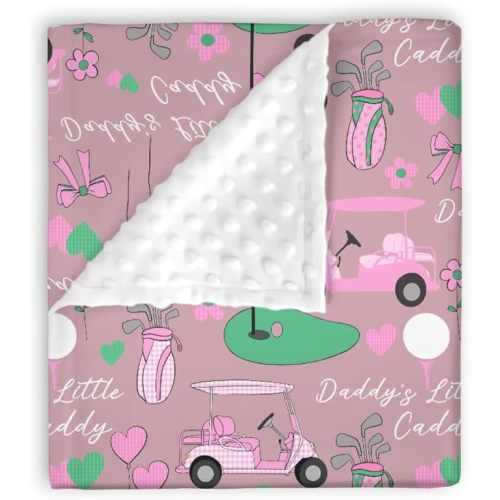 EyMzcod Mink Baby Girls Blanket Pink Gingham Golfing, Cute Golf Daddy's Little Caddy Soft Double Layer Dotted Backing Receiving Swaddle, Newborn Infant Toddler Nursery Crib Bedding Shower Gift 30 x 40