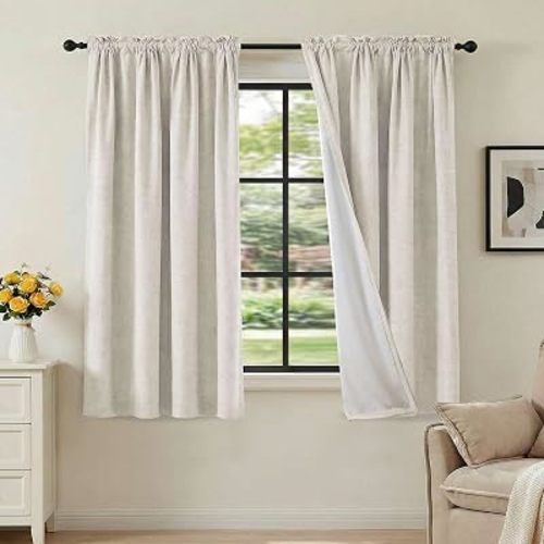 H.VERSAILTEX Linen Look 100% Blackout Curtains 54 Inches Long for Bedroom Full Light Blocking Rod Pocket Linen Textured Thick Window Curtain Drapes with White Backing, Ivory, 2 Panels