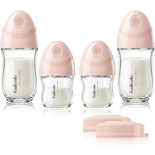 Gulicola Natural Glass Baby Bottles Set 4 Pack, Newborn Girl Breastfeeding Bottles with Slow Flow Nipples, 0 Months+, 3 oz & 5 oz - Pink