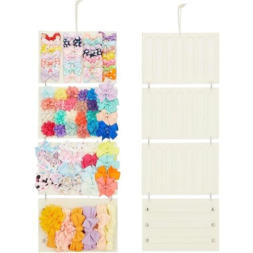 HUHYNN Bow Organizer for Baby Girls, Hanging Hair Bow Holder Organizer, Hair Accessories Storage for Hair Clips, Hair Bows, Headbands, Hair Claws and More(4-Panel, Beige)