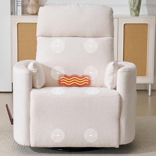 Rhevoy Oversized Swivel Recliner Chair with Massage and Heat, Rocking Chair Nursery with Adjustable Headrest, Rocking Chair Nursery Glider Chairs with 2 Pillows, Glider Rocker Recliner, White