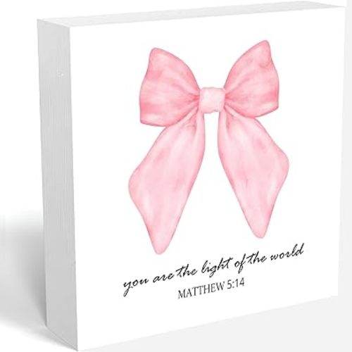 Christian Signs for Home, Pink Coquette Bow Christian Bible Verse Wood Box Sign, Pink And Yellow Religious Decor Art, Christian Scripture Wood Box Sign for Home Office Table Decor, 5x5 Inch