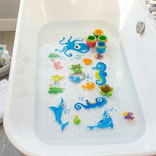 BEEHOMEE Cartoon Non Slip Bathtub Mat for Kids - 34x15 Inch XL Large Size Anti Slip Shower Mats for for Toddlers Children Baby Floor Tub Mats (Blue Ocean)