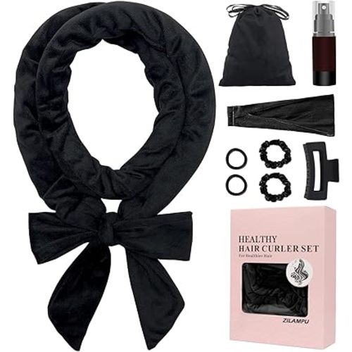 ZILAMPU No Heat Curling Rod Headband, Overnight Velour Hair Curls Roller Wrap for Women with Long Hair - Black