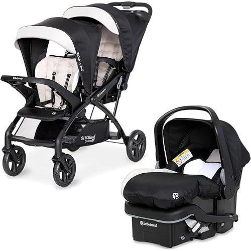 Baby Trend Sit N' Stand Tandem Double Stroller 2.0 DLX and EZ-Lift Plus Car Seat Set with 5 Point Safety Harnesses and Cozy Cover, Modern Khaki