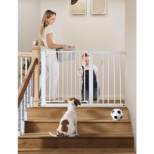 COMOMY 30" Tall Baby Gate for Stairs Doorways, Fits Openings 29.5" to 46" Wide, Auto Close Extra Wide Dog Gate for House, Pressure Mounted Easy Walk Through Pet Gate with Door, White