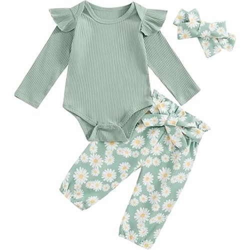 Kaipiclos Newborn Infant Girl Clothes Rib Knit Romper Daisy Print Pants Headband Baby Clothes for Girls 0 3 6 12 18 24 Months