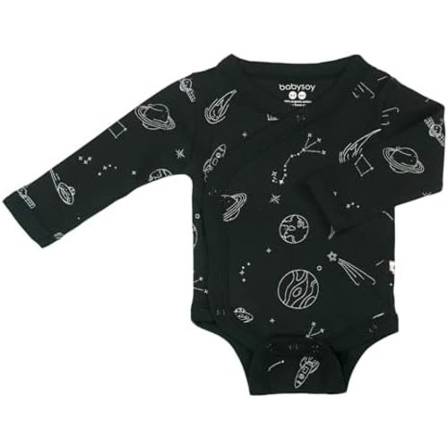 Babysoy Organic Baby Newborn Long Sleeve Pattern Kimono Wrap Around Side Snap Bodysuit/Onesie for Unisex Infants