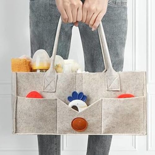 Amazon.com : Diaper Caddy Organizer with Handle, Felt Car Organizer and Storage Bin Basket, Large Capacity Foldable Removable Portable Bag for Diapers and Wipes, Khaki : Baby
