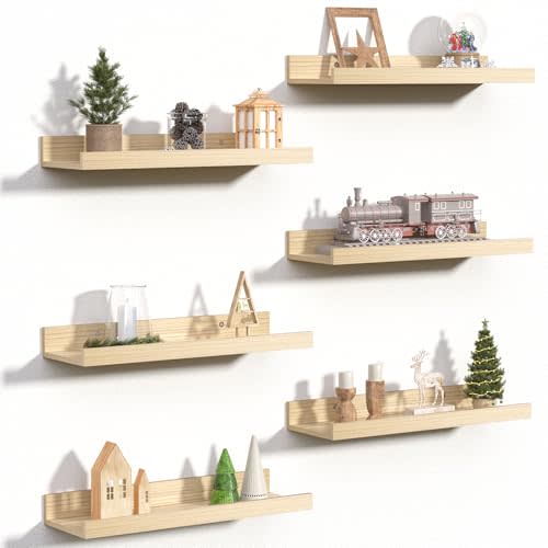upsimples Floating Shelves for Wall Decor Storage, Natural, 6Pcs, 15.7'' | Wall Mounted Wood Shelves for Living Room, Bedroom, Bathroom, Kitchen, Office, Laundry Room Display and Organize