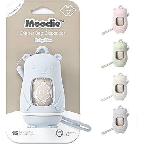 Teddy Bear Diaper Bag Dispenser | Diaper Trash Bags on the Go Dispenser w/Silicon Strap | 15 UNSCENTED Baby Poop Bags per Roll | Dirty Diaper Bags Disposable | Diaper Waste Bags (BLUE)