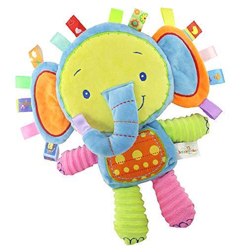 Baby Tags Toy, Taggie Security Blanket Elephant Stuffed Toy, Baby Plush Sensory Tag with Ribbons & Rattle, Toddler, Newborns, Infant
