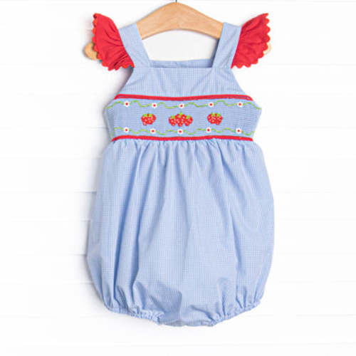 Bitty Dot Berries Smocked Bubble, Blue Gingham – Stitchy Fish