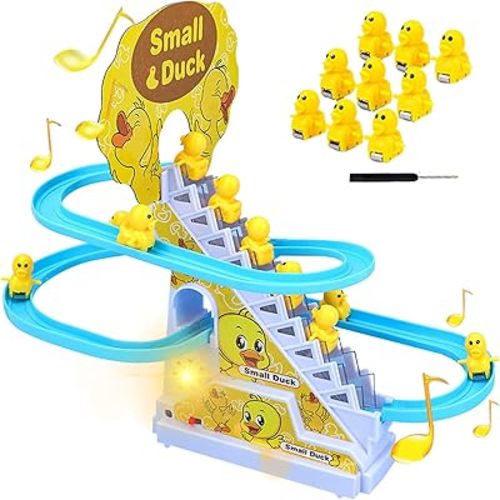 Small Duck Climbing Stairs Toy,Electric Duck Roller Coaster Toy Set with LED Flashing Lights & Music Track Slide Birthday Gift for Kids,Age 3（9Pcs Ducks）