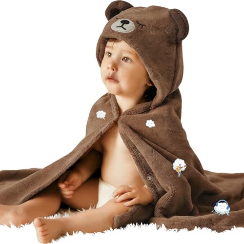 Hooded Bath Towel for Babies and Toddlers, 27.5" x 55"(Brown Bear) | Absorbent Coral Fleece Animal Wrap with Snap Closure for Swimming, Beach and Daily Care, Ages 0-6