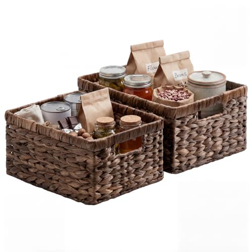 StorageWorks Large Wicker Baskets for Storage, Dark Brown Baskets, 2-Pack | Hyacinth Dark Brown Wicker Baskets with Handles, Wicker Storage Baskets for Organizing, Wicker Storage Baskets for Shelves