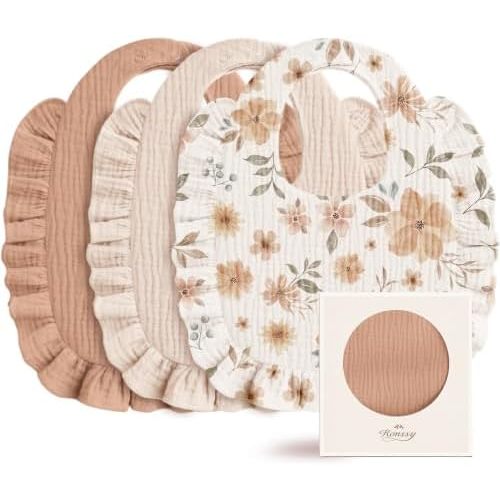 Konssy 3-Pack Muslin Baby Girl Bibs, 100% Cotton with Ruffle Trim