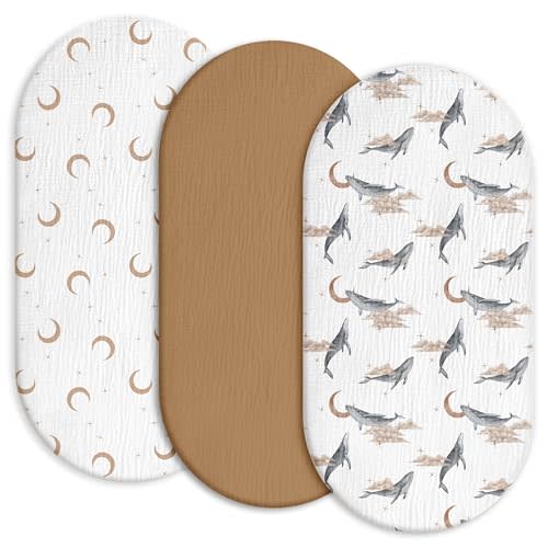 Gllquen Baby Muslin Bassinet Sheets 3 Pack, Breathable Elastic Cozy Fitted Cotton Bassinet Mattress Sheet for Baby Boy Girls, Fit for Hourglass Oval Rectangular Cradle Pad Sheets 33"x17" (Whale)