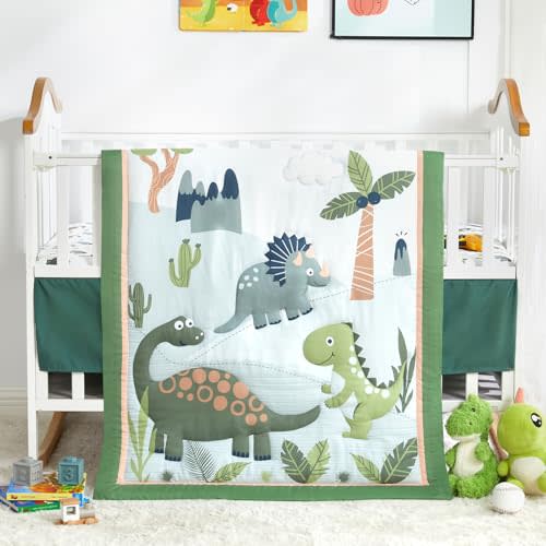 Dinosaur Mini Crib Bedding Set for Boys Green Premium 3-Piece Baby Bedding Sheet Set Dinosaurs Nursery Crib Set Crib Comforter Set Breathable and Soft for Baby