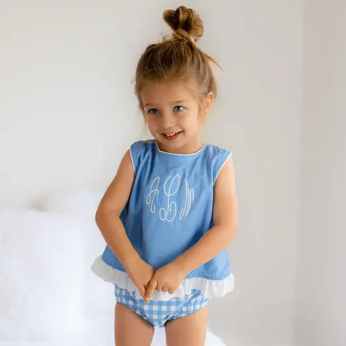Ruffle Trimmed Swing Back Bloomer Set - Blue Gingham - 6-9m