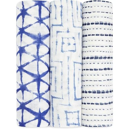 aden + anais Silky Soft Swaddle Blanket,100% Bamboo Viscose Muslin Blankets for Girls & Boys, Baby Receiving Swaddles, Ideal Newborn & Infant Swaddling Set, 3 Pack, Indigo Shibori