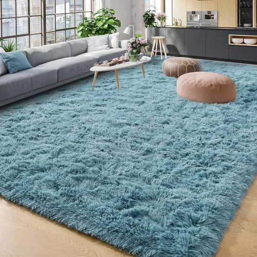 YJ.GWL Area Rugs for Living Room Bedroom, 5x8 Machine Washable Large Light Blue Carpet, Soft Fluffy Shaggy Thick Big Shag Indoor Floor Rug for Kids Boy and Girls Room Dorm Home Decor Aesthetic