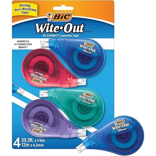 BIC Wite-Out Brand EZ Correct Correction Tape, 39.3 feet, 4-Count Pack of White Correction Tape, Fast, Clean and Easy to Use Tear-Resistant Tape Office or School Supplies