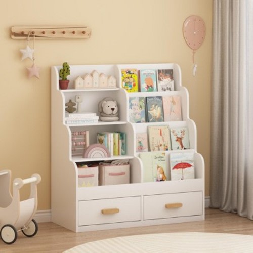 Kids Bookshelf with 2 Storage Drawers, Front-Facing Children's Bookcase and Toy Organizer, Multi-Tier Reading Shelf for Toddlers White