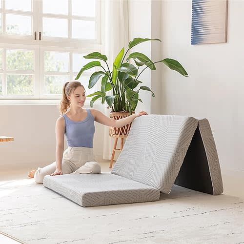 MLILY Tri-Fold Memory Foam Topper, 4 inch Full Folding Mattress Topper with Collapsible and Washable Cover, Travel and Guest Mat, 75"×54"×4", Grey