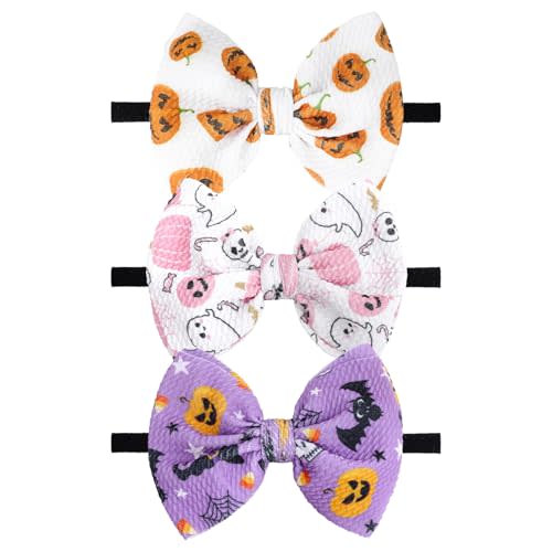 YanJie Halloween Baby Girl Headbands with Bows Pumpkin Headband Black Ghost Printed Baby Bows Orange Newborn Bows Nylon Hair Bows Toddler Headband Purple