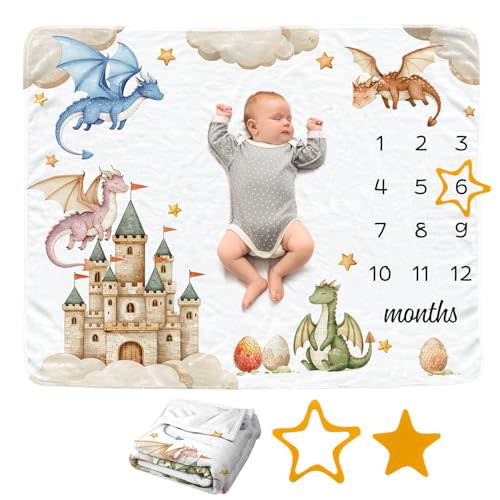 Dragon Baby Monthly Blanket for Boys, Castle Newborn Month Blanket, Soft Flannel Photography Background Prop, Personalized Shower Gift, Dragon