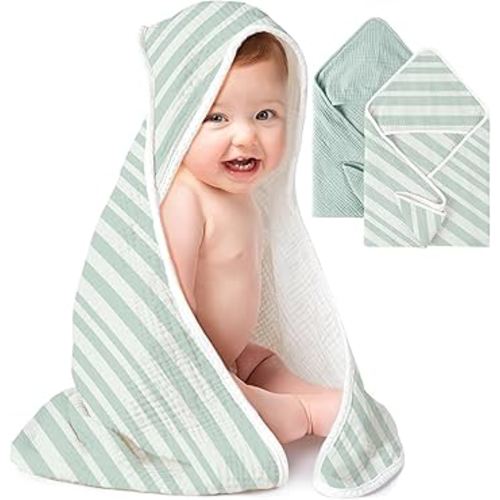 Konssy 2-Pack Muslin Hooded Baby Towels, 100% Cotton, Ultra-Soft & Absorbent Baby Bath Towels with Hood for Newborn & Infant (Green, Stripe, 32" x 32")